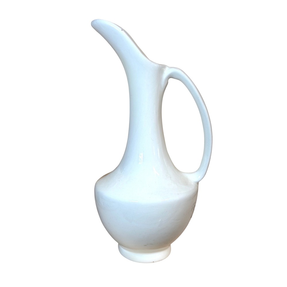 Vintage White Ceramic Pitcher Mid Century Modern Sleek Tall Spout Deco Vase